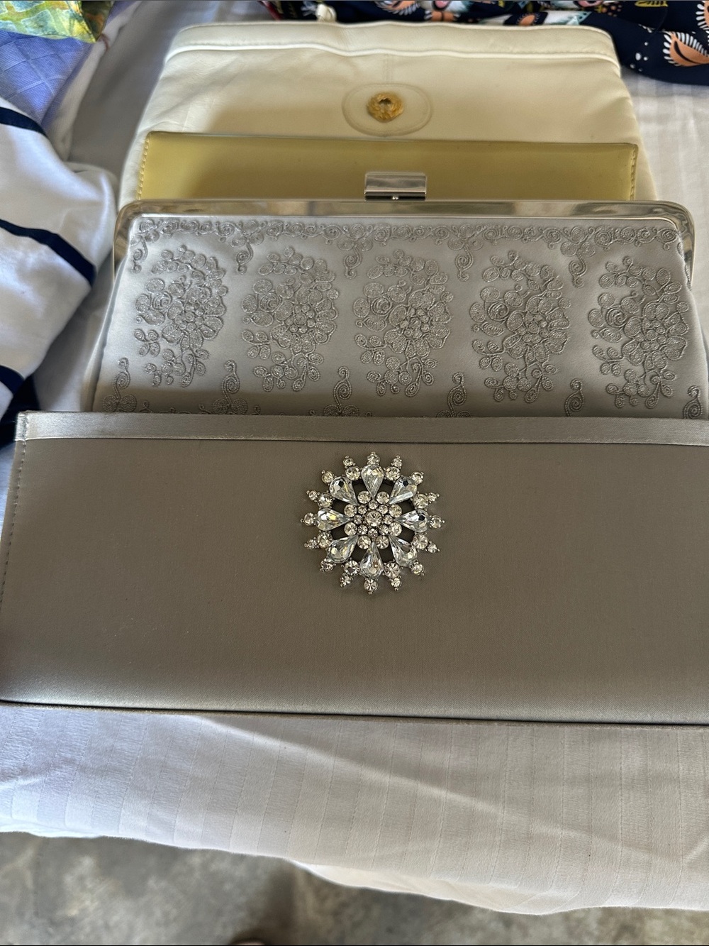 Elegant Silver Evening Clutch with Crystal Brooch